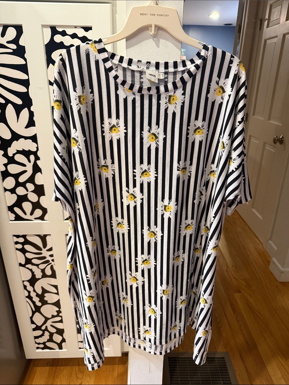 asos curve Black & White Striped Dress with Yellow Daisy Print